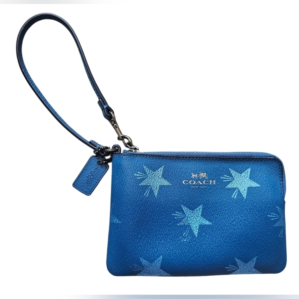 Coach Corner Zip Wristlet, Star Printed Canvas In Slat Blue. New Without Tags